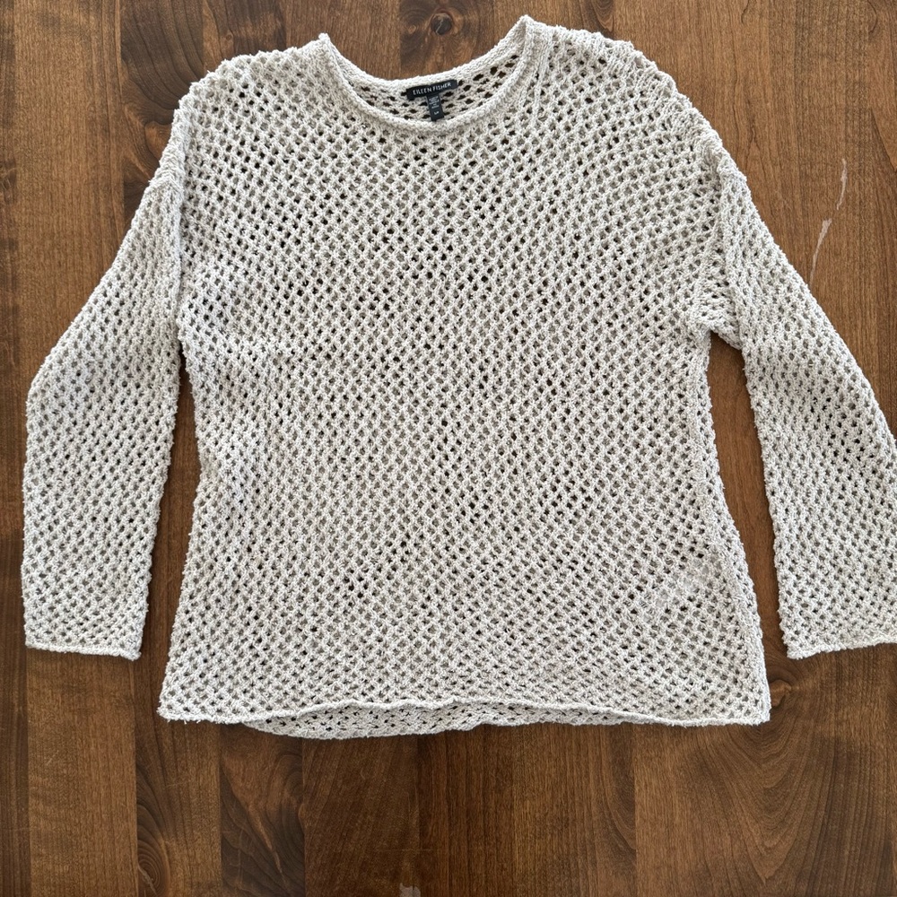 Eileen Fisher Women’s Sz Small 100% Cotton Open Knit Cream Sweater